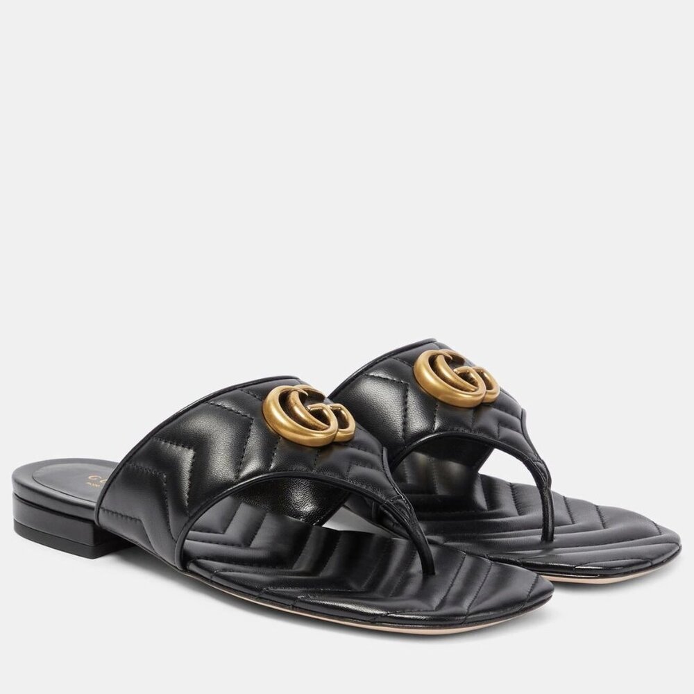 Gucci Marmont GG  Padded Chevron Matelasse Leather Thong Flat Sandals Shoes